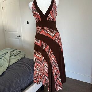 Women's Brown Chevron Halter Maxi Dress with Coral Accents
